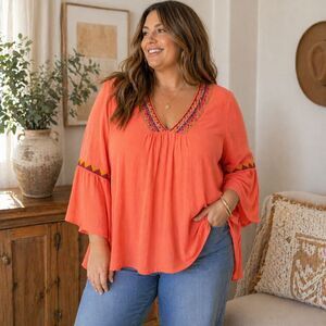 Boho Cotton Peasant Blouse Lane Bryant Coral Embroidered Flowy Plus Size 26 Top